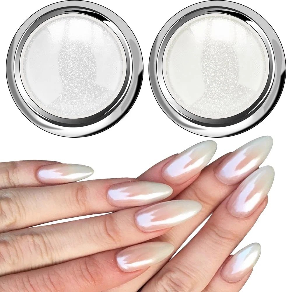 White Pearl Chrome Nail Powder – Aurora Ice Shimmer Nail Powder Chrome Pigment P