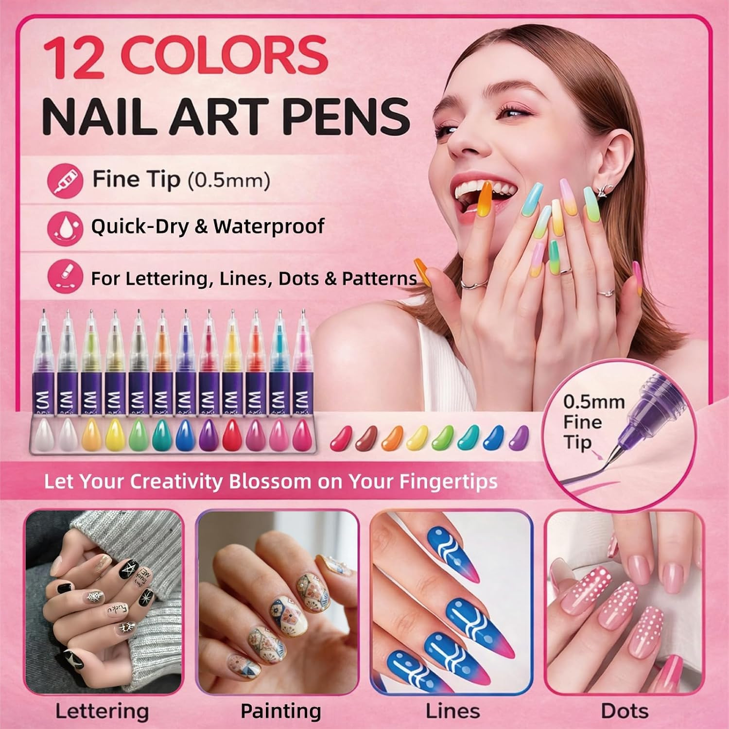 12 Colors Nail Art Pens Set, Quick Dry Nail Art Markers & Nail Polish Pens for D