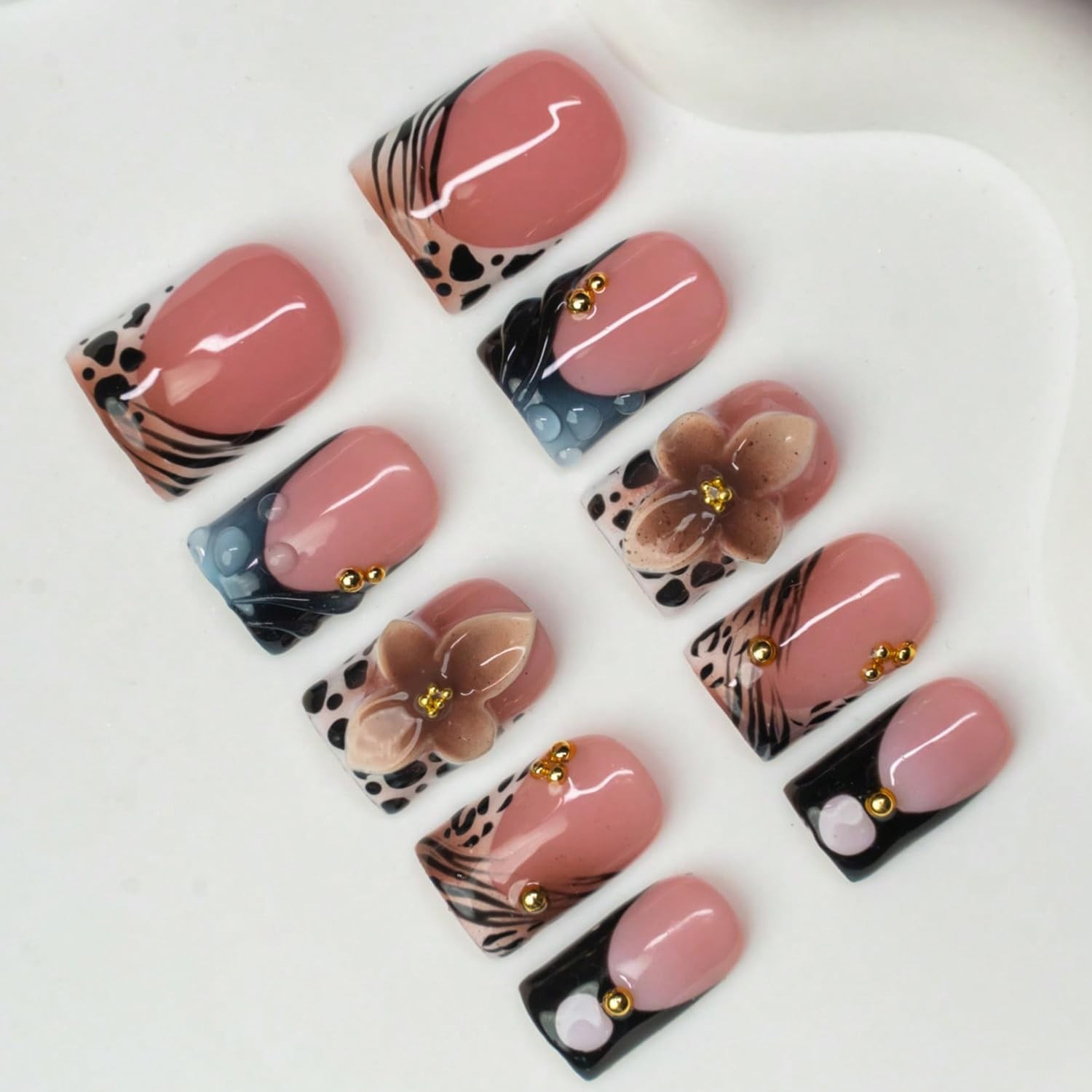 Handmade Press on Nails Short Square Nude Black Leopard Print French Tip Fake…