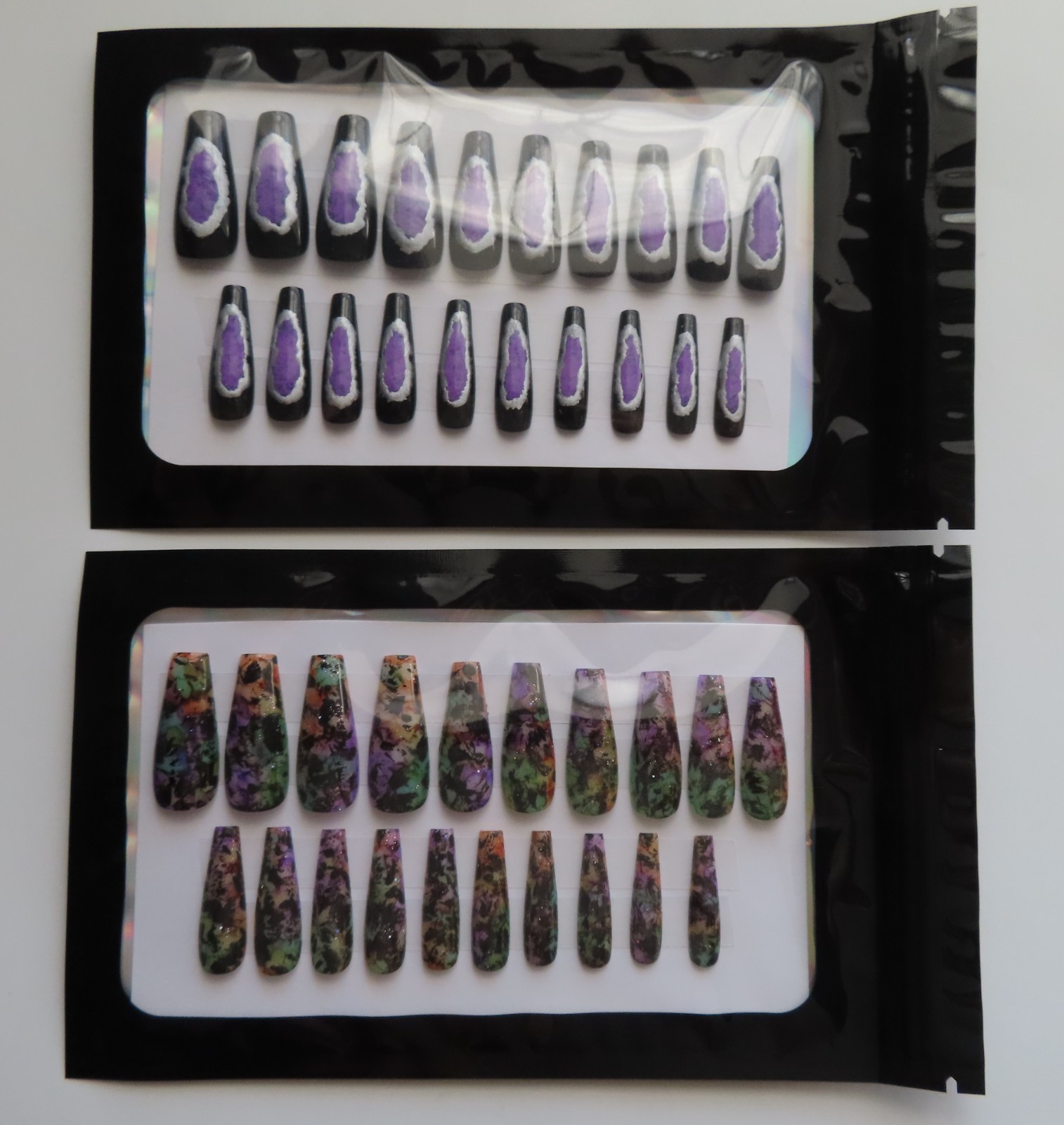 (2) Set Purple Black Silver Oval Chrome | Purple Green Ink Coffin Press-On Nail