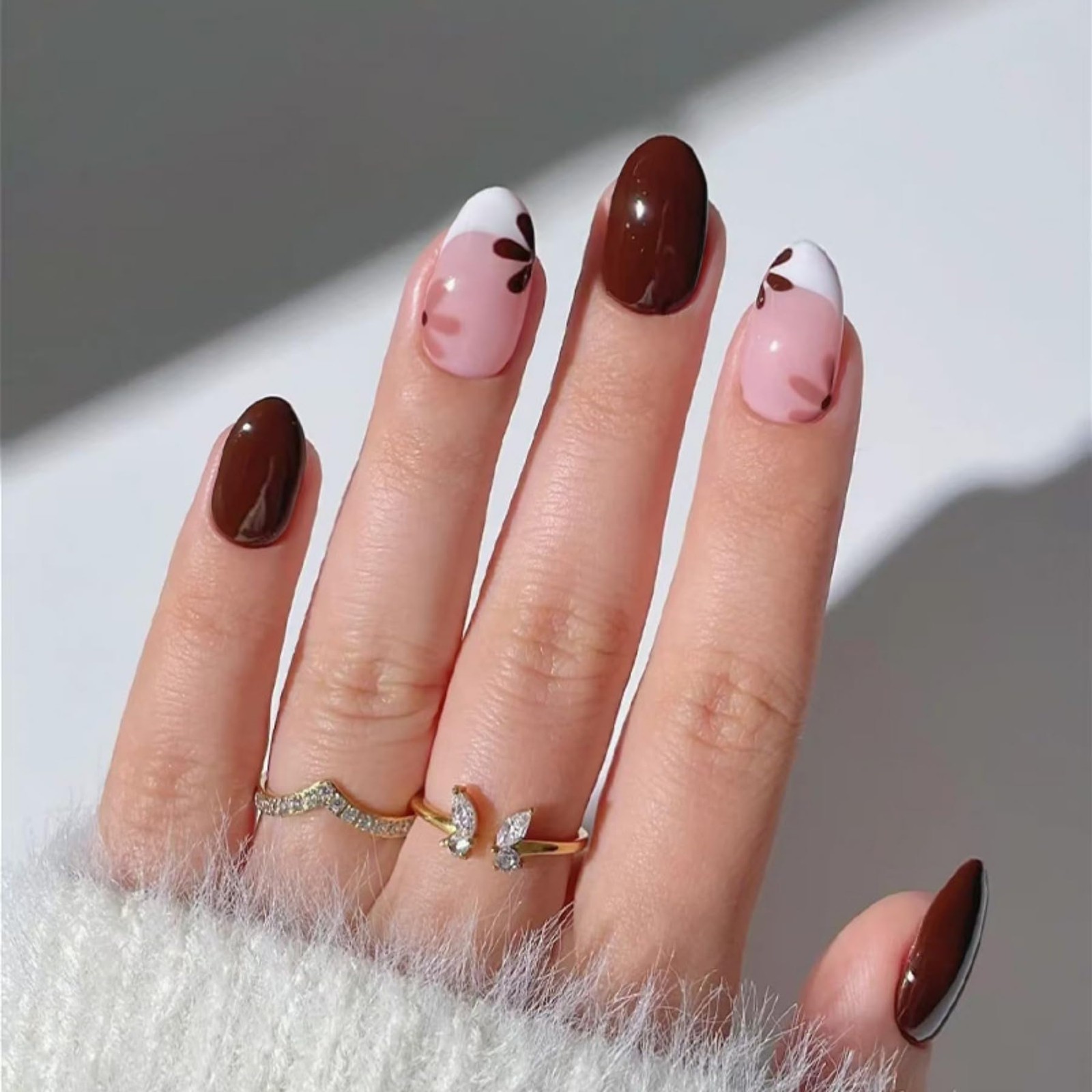 Walnut Brown Press on Nails Almond Fake Nails with Glue Glossy Flower False N…