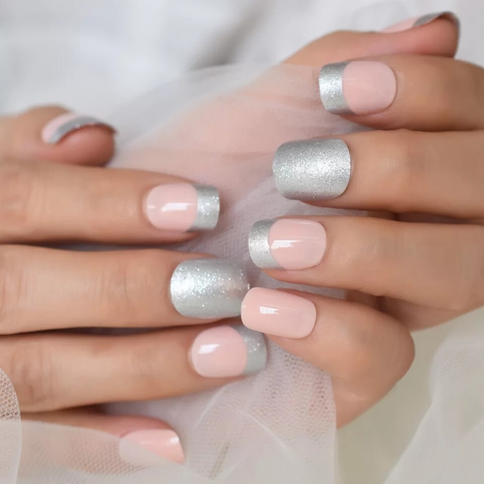 24 Unique Short Pink gray silver glitter Press on nails glue on light pastel