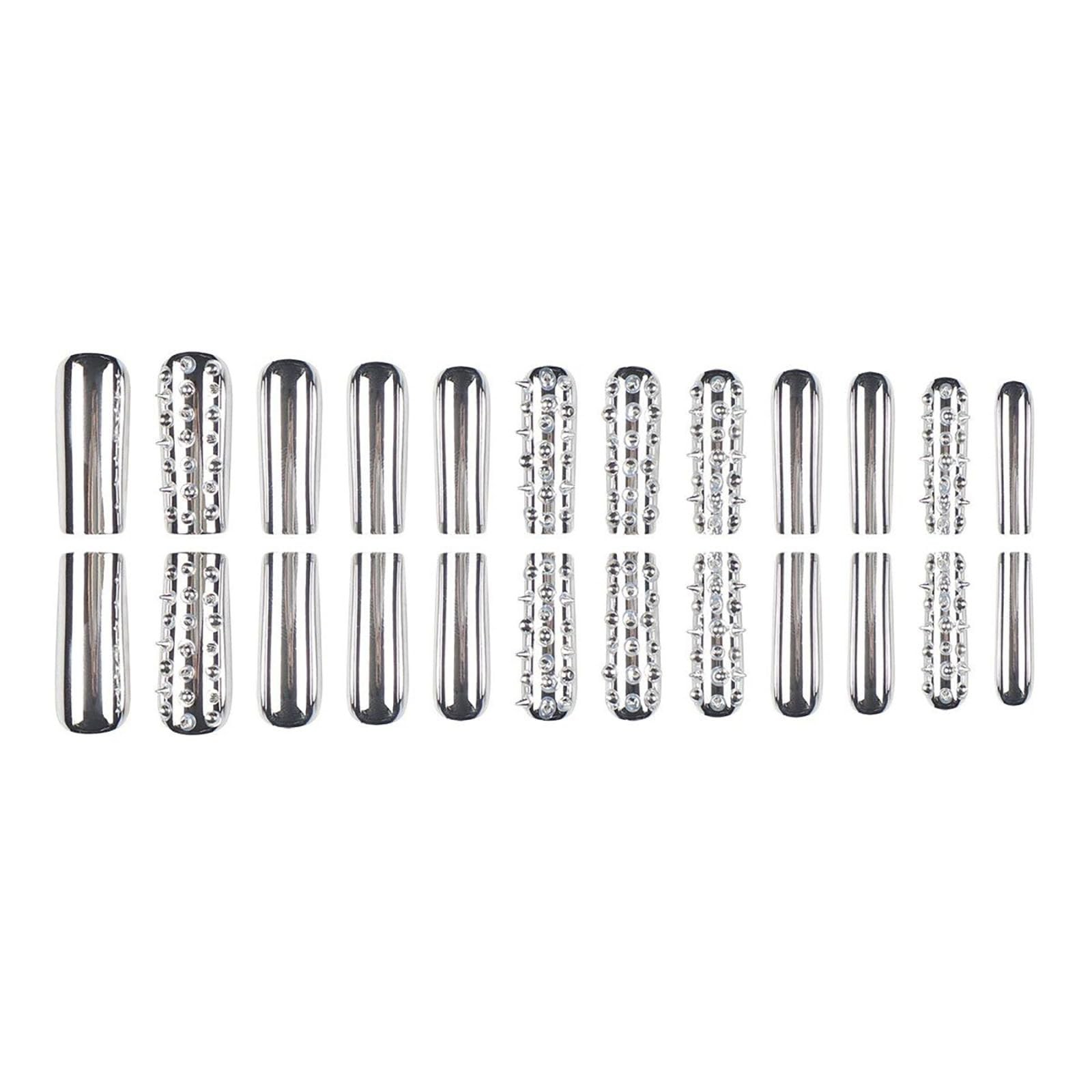Extra Long Square Metal Silver Plating Press On Nails, Full Cover Glossy Acrylic