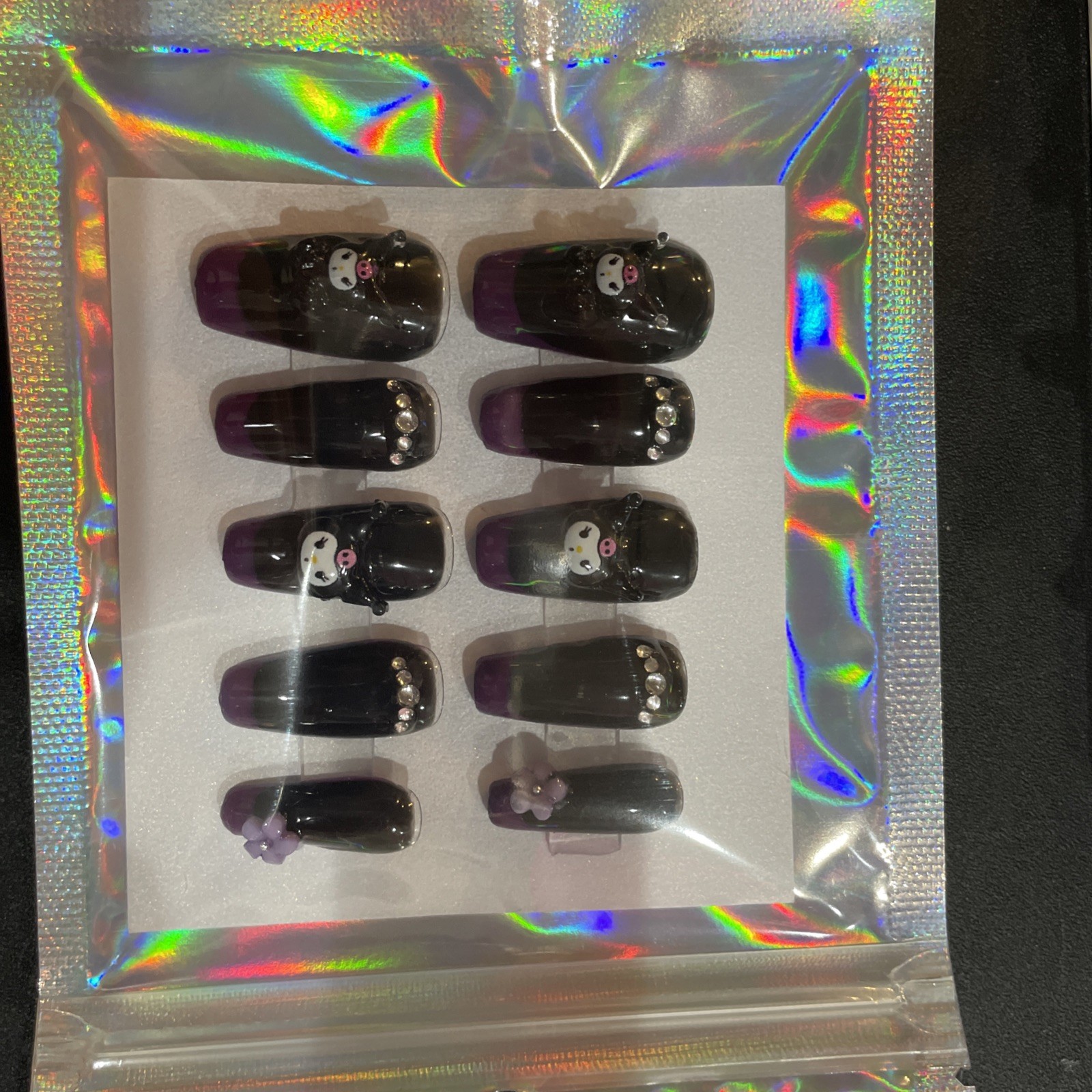 Handmade Press On Nails. Size Medium Coffin Shape+App Kit Kuromi Black/ Purple