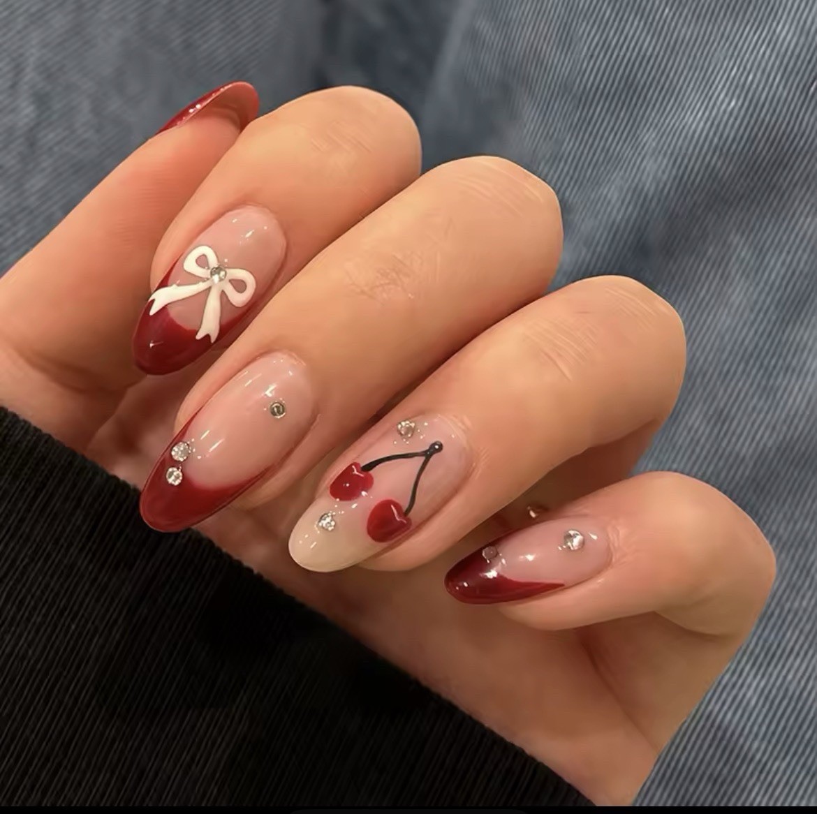 Red French Almond Medium Press-On Nails 3D Cherry Bow Heart Design Full Cover