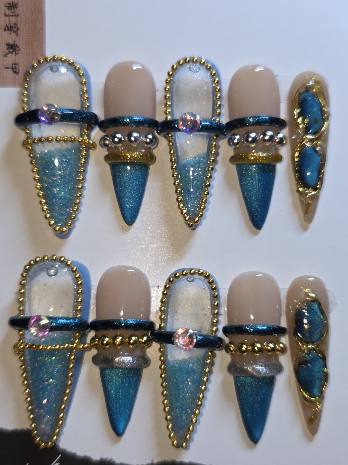 Press On Nails Turquoise blue Medium Almonds Y2k Bangle Bracelet Water Aqua Nail