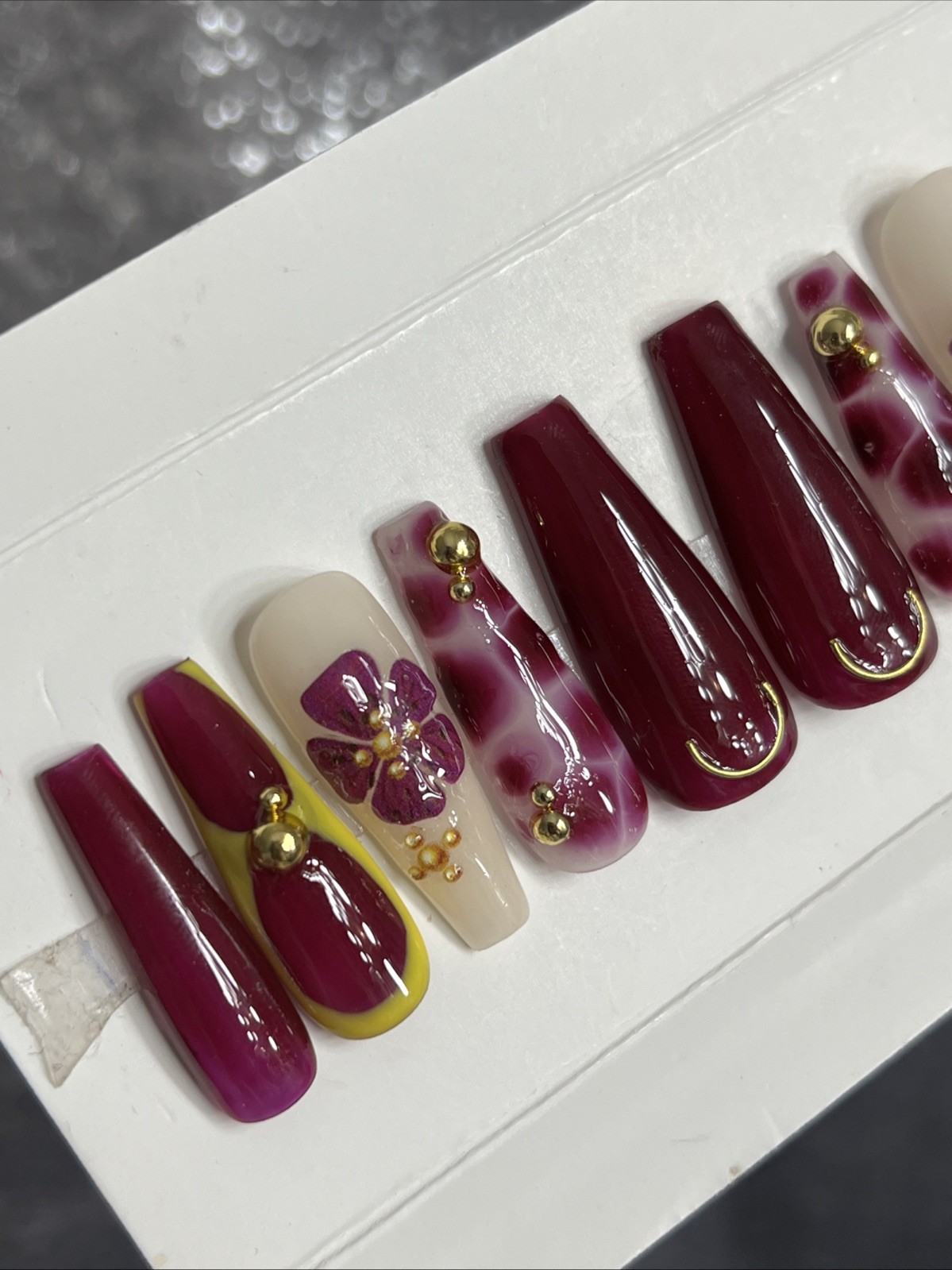 💜✨ Luxury Gel Press On Nails, PLUM FLOWER , LONG COFFIN 10p Set W/ FULL KIT