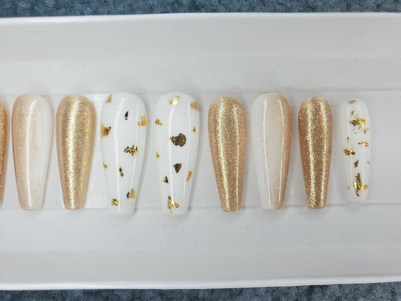 White & Gold flakes chrome metallic Bling glitter ombre press on nails long nail