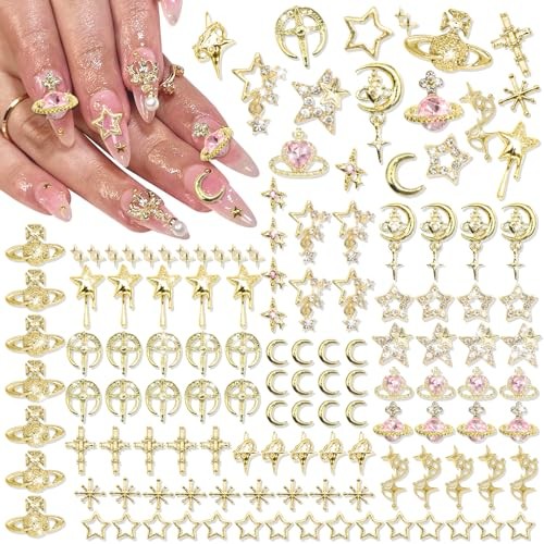 128PCS Star Cross Nail Charms Pink Saturn Planet Nail Art Charms Gold