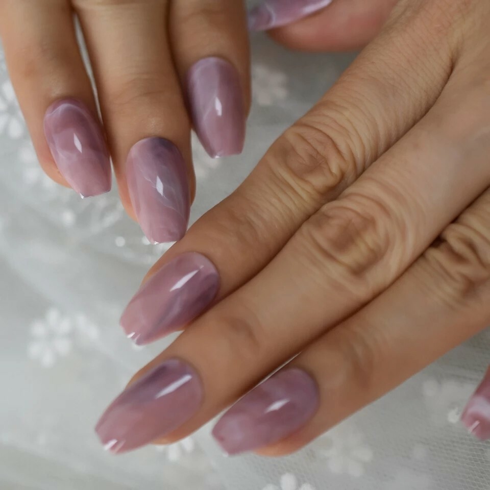 24 Rose Quartz Press On Nails Glue On Kit Pink Marble Medium coffin