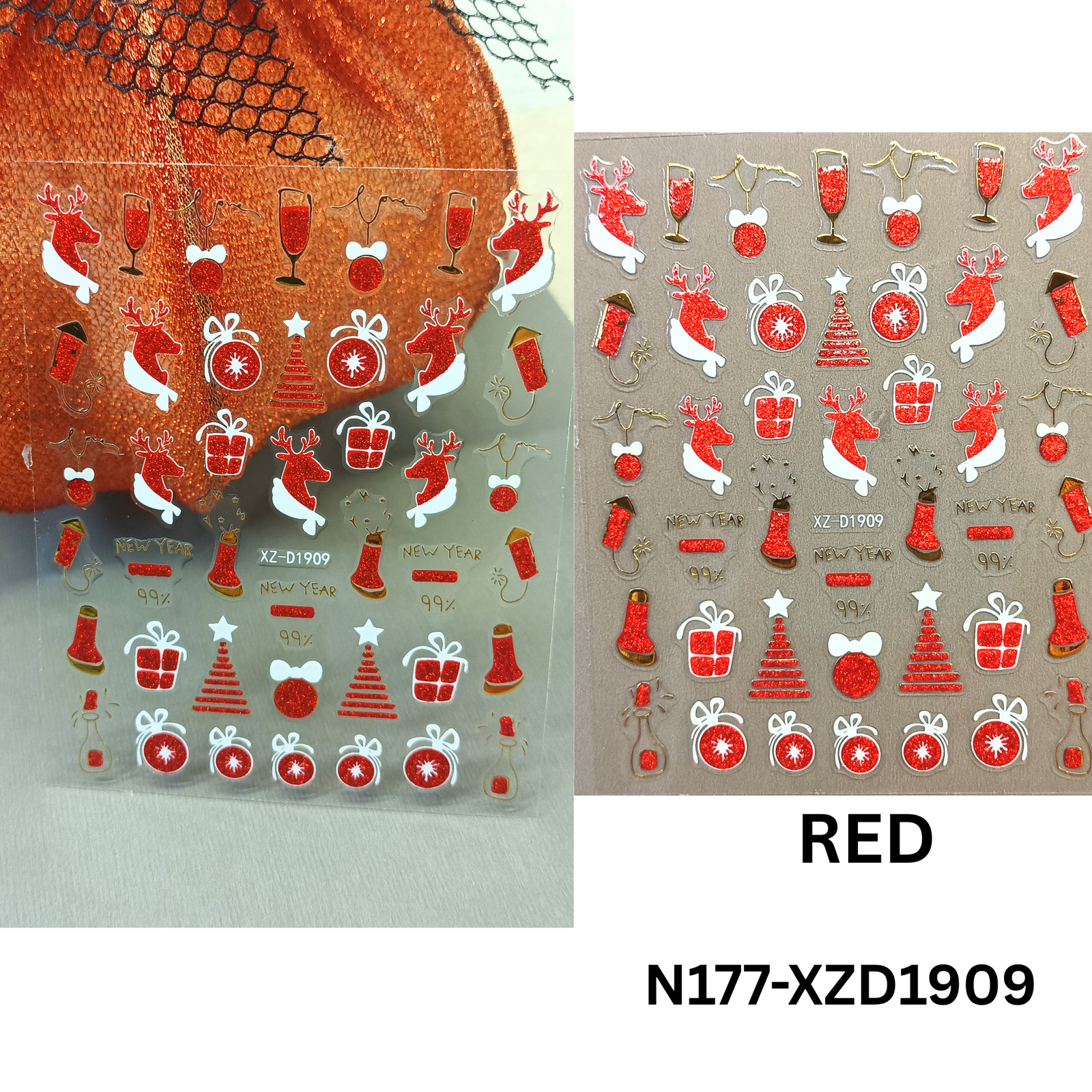 Set of 12 Christmas 3D Nail Decals – Holiday Reindeer, Candy Cane, Santa & Snowf