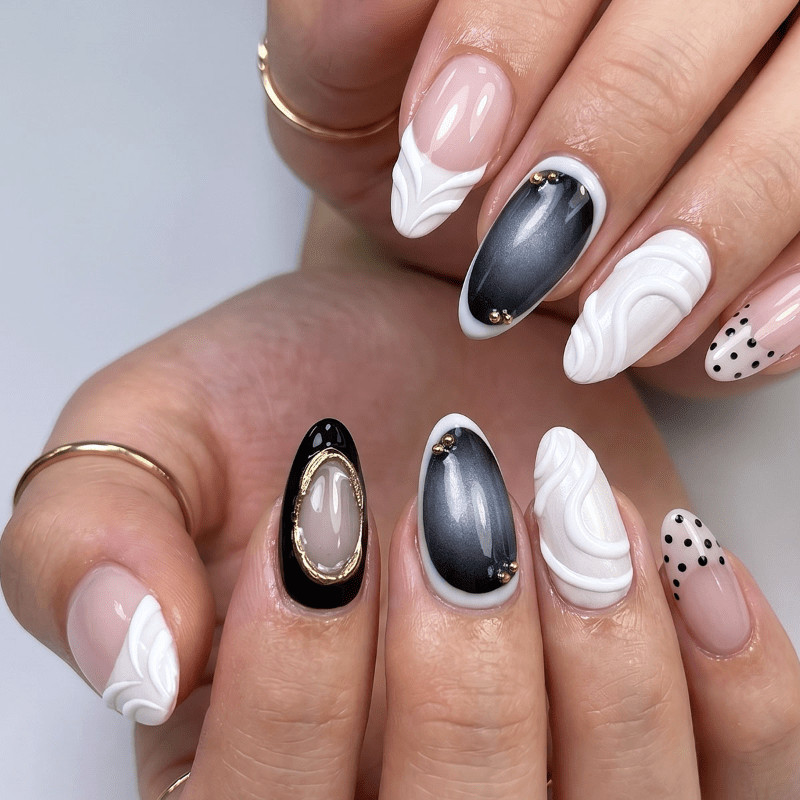 30Pcs-Long Almond Nude Black Cat Eye White Wave Polka Dot Gold Press on Nails