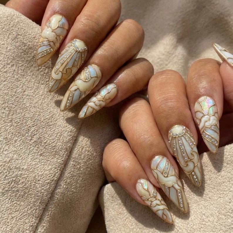 Hanmade Bridal Stained Glass Press On Nails 3D Gold Sun, Cloud Art