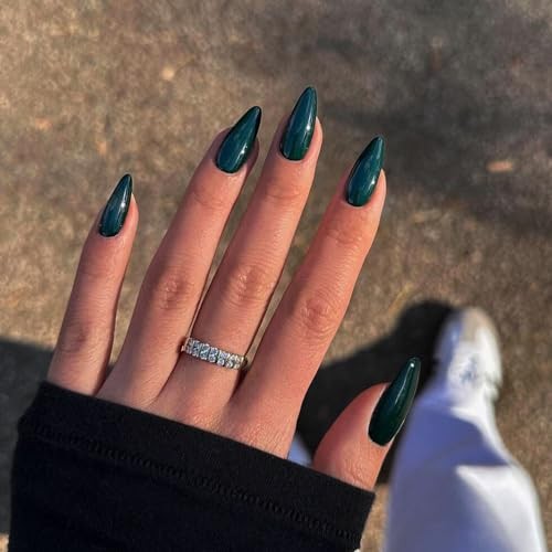 48 Pcs Almond Press on Nails Medium Length, Emerald Green almond dark green