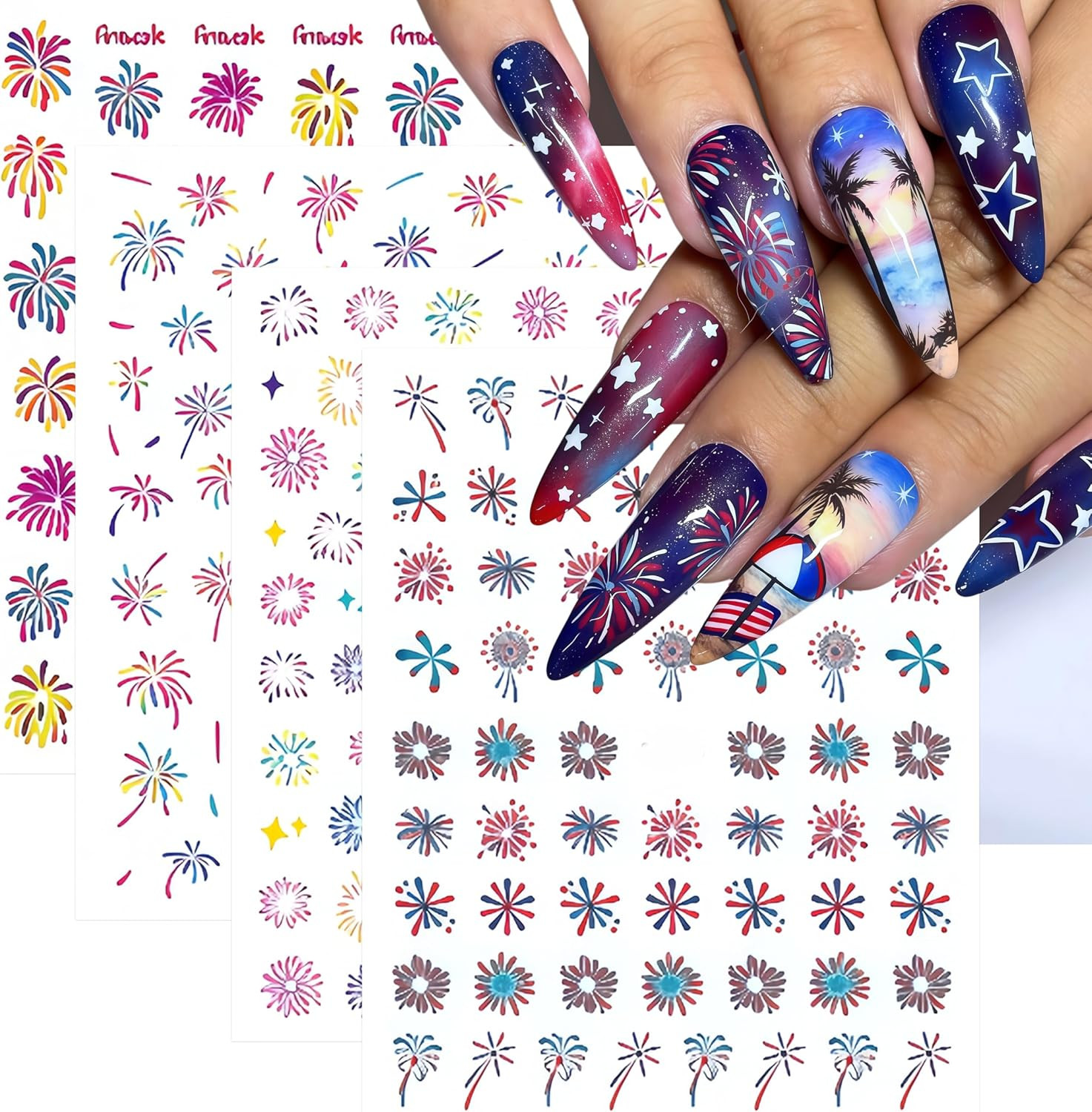 8 Sheets 4Th of July Colorful Fireworks Nail Stickers 3D Self-Adhesive Nail