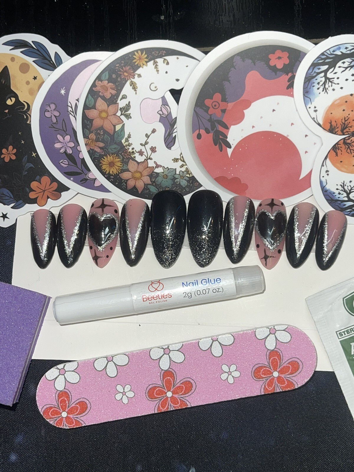 Black And Silver Handpainted Press on Nails includes Prep Kit