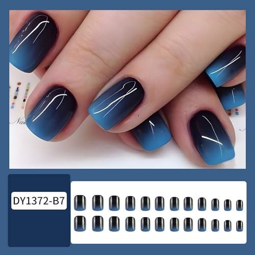 24 Pcs Blue-Black Gradient Press on Nails – Short Square Shape – Fake Style 14