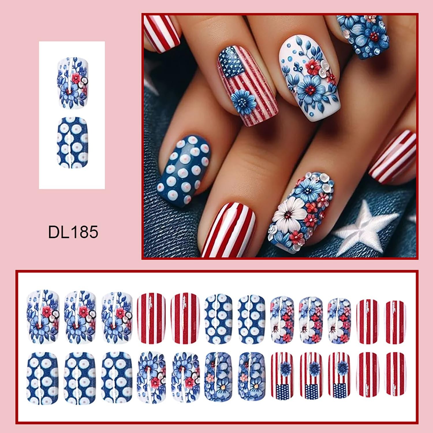 4th of July Press on Nails Medium Independence Day Fake Nails Patriotic False…