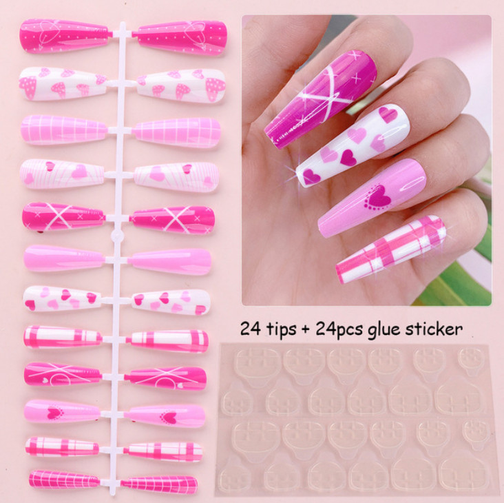 24PcsFake Nails Kit Set Love Valentine Nails Stiletto Ballerina Manicure Acrylic