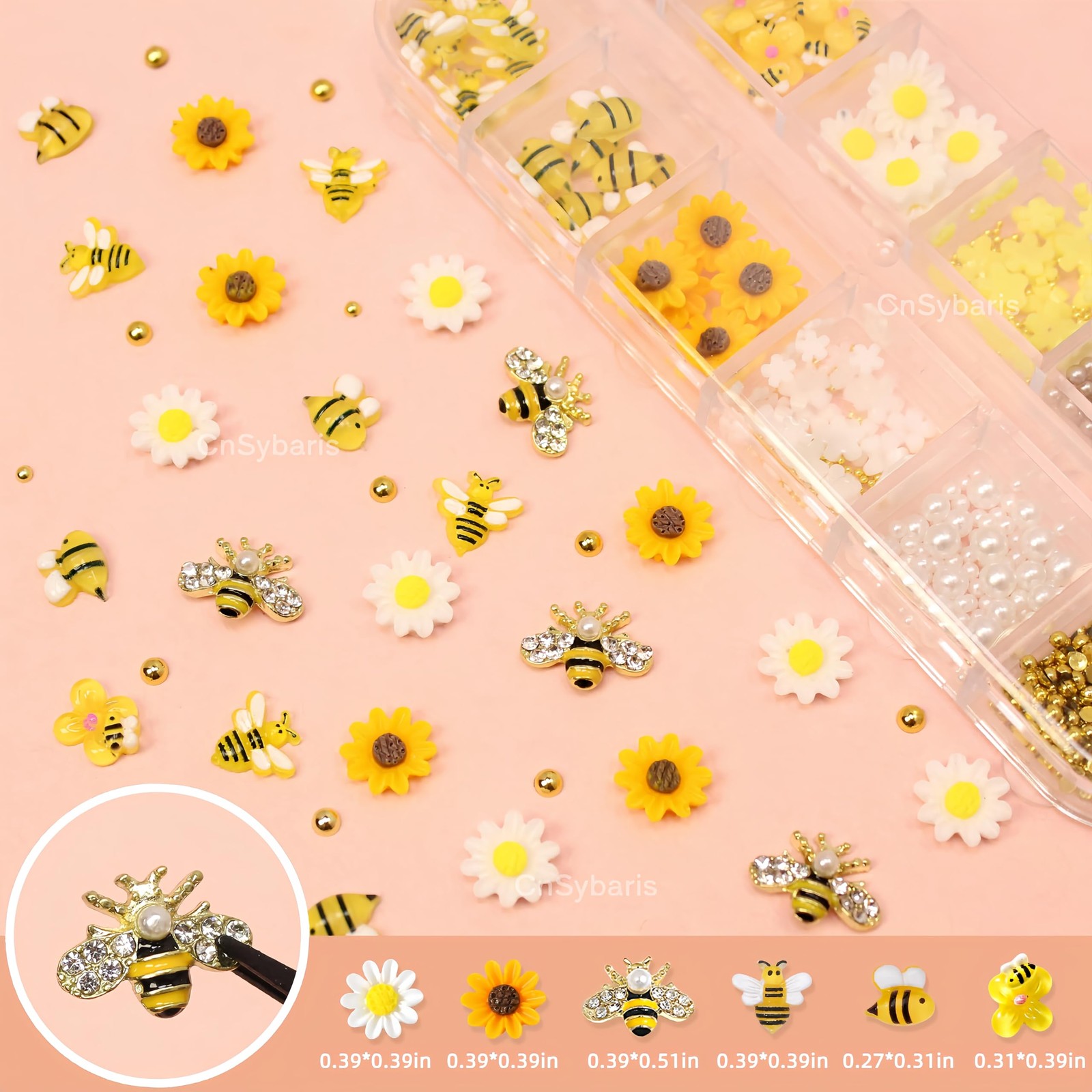 12 Grids Tiny Bee Nail Art Charms Resin Cartoon Daisy Flower Nail Gems 3D Gol…