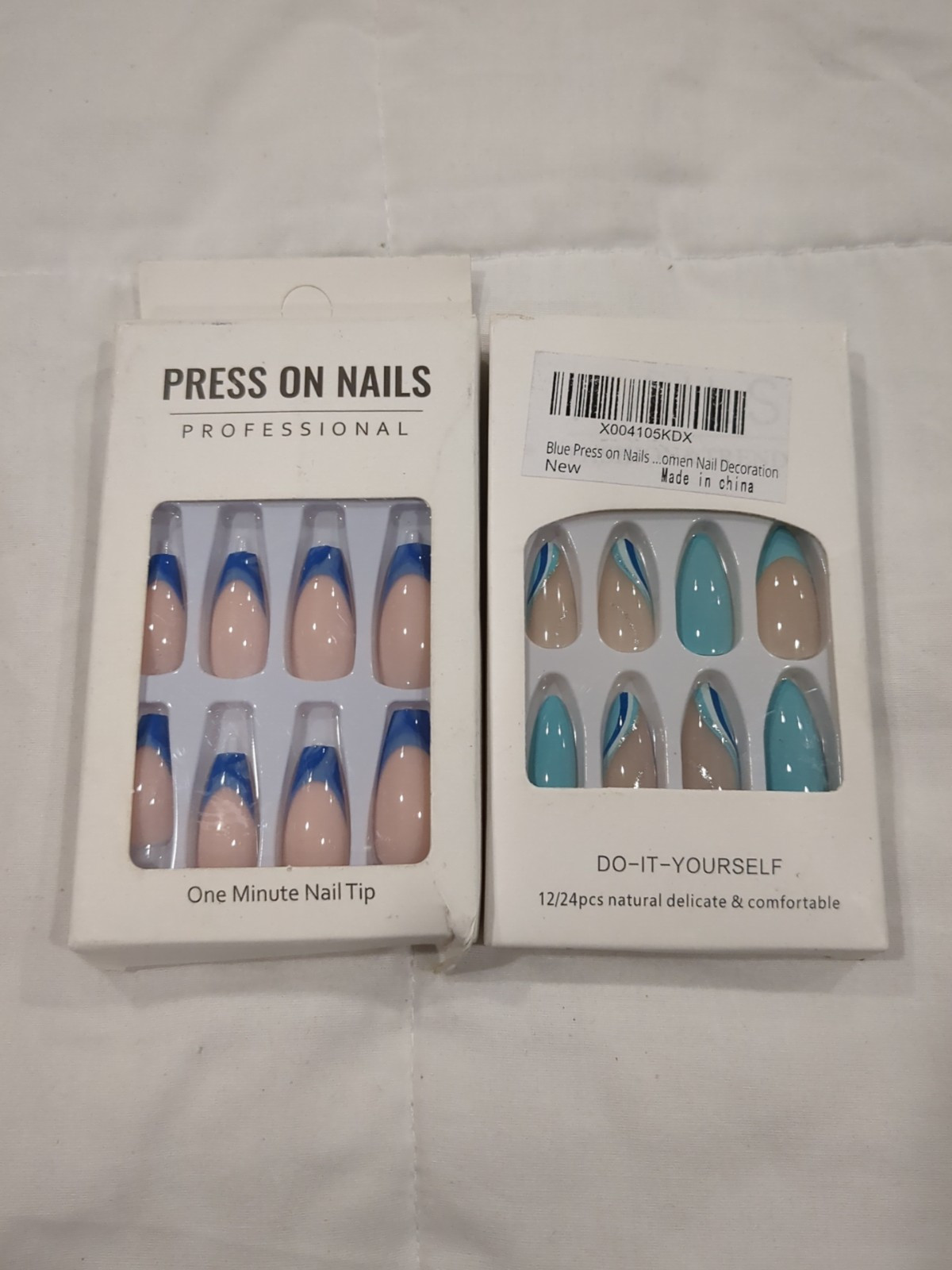 Medium Blue/Teal Wave Almond Press-On Fake Nails- 2 Kits- French Manicure 24pcs