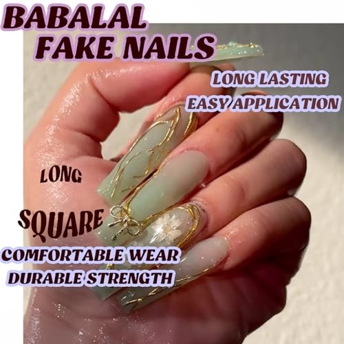Press on Nails Long Square Fake Nails Green Glue on 3D Texture Gold BNB215