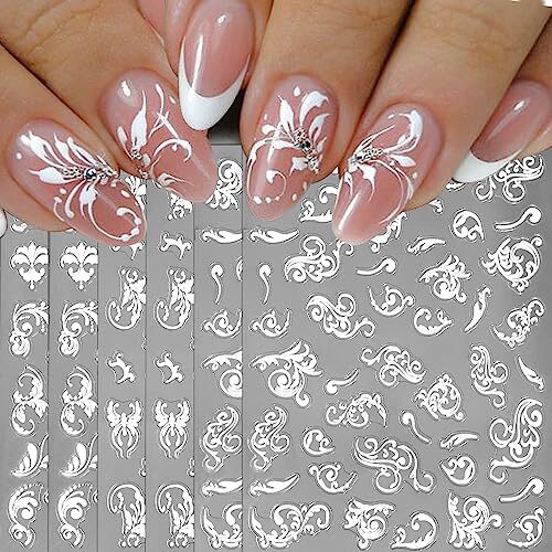6 Sheets 5D Embossed Lace Flower Nail Stickers,Hollowed Out White Flowers