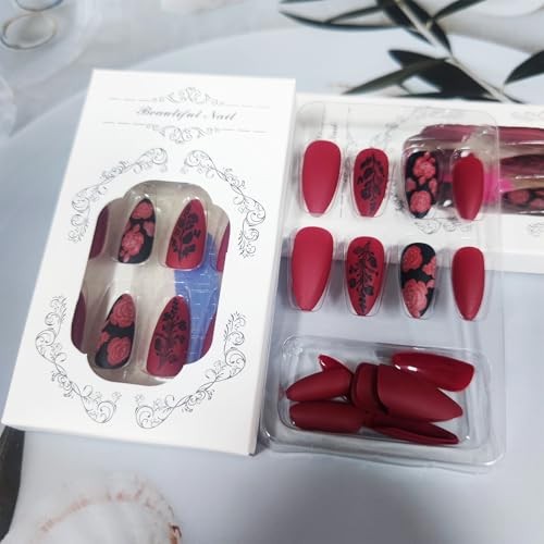 Red Rose Flower Press On Nails – Black Leaves Acrylic Medium Valentine Almond 9
