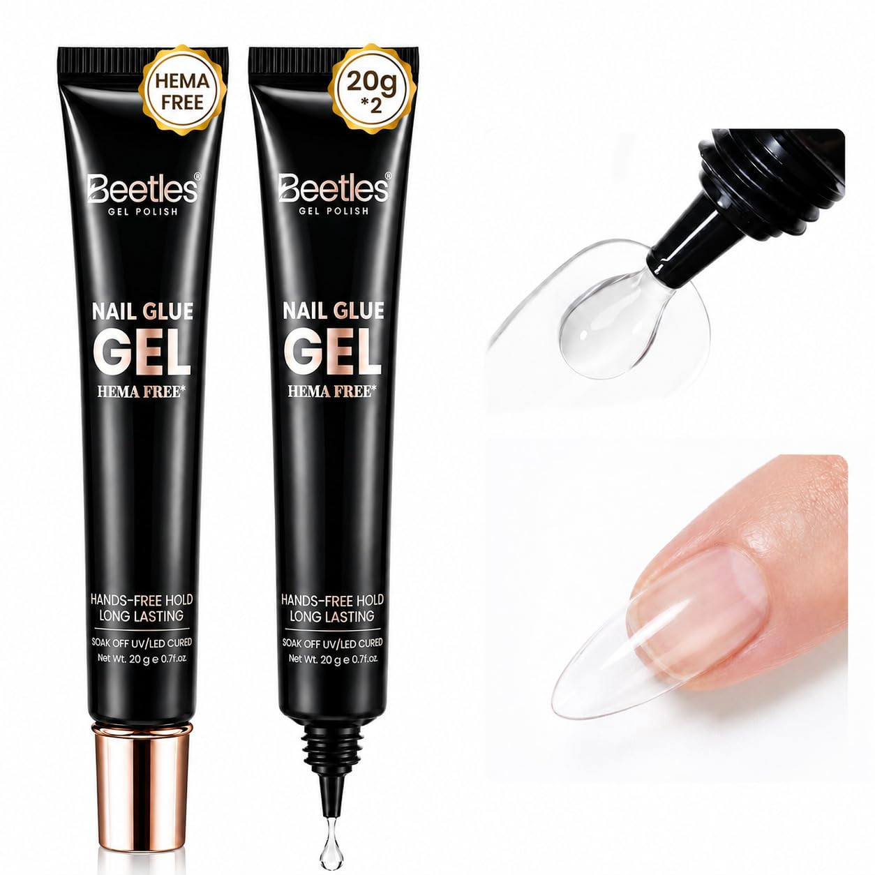 Beetles 2Pcs*20G UV Nail Glue, Hands-Free Soft Nail Tips Glue, HEMA Free | Super