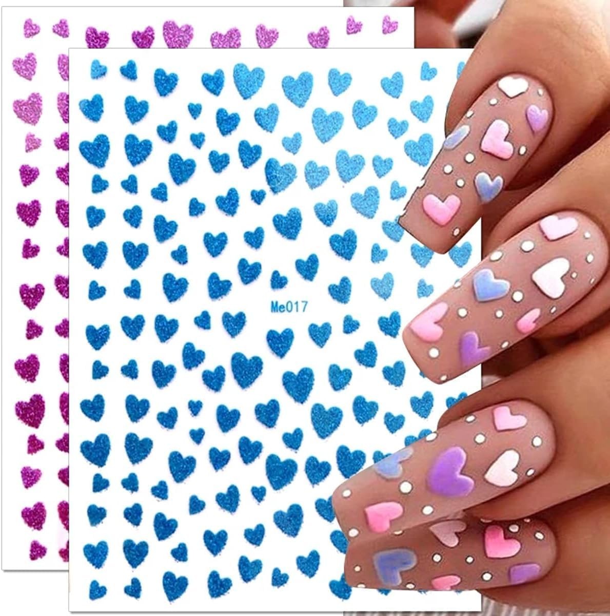 Heart Nail Art Stickers Decals 3D Shiny Glitter Love Hearts Self Design 20