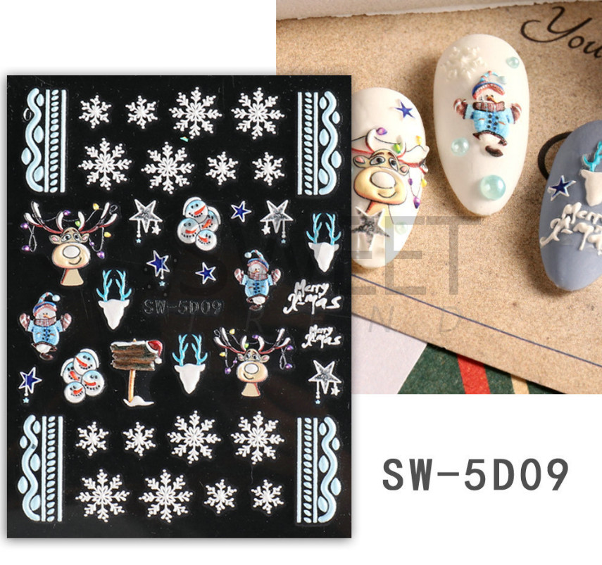 5D Embossed Pink Blue White Christmas Santa Heart Snowflake Nail Stickers Decals