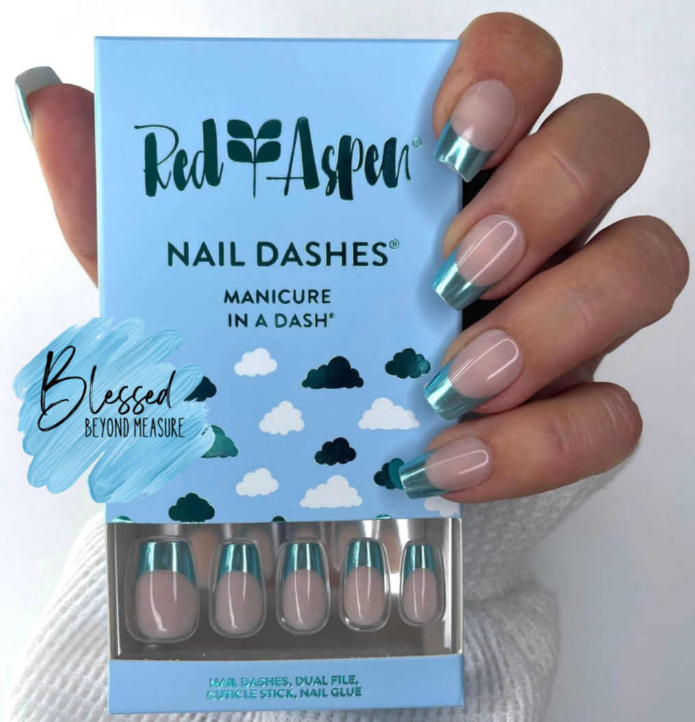 Red Aspen Press On Nails~Blue Skies Ahead, Bebop Medium Coffin Chrome French