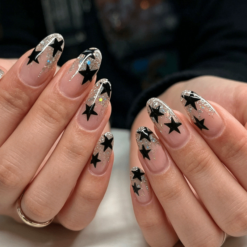48pcs Almond Press on Nails, Clear Silver Glitter Black Star Daily Trend Nails