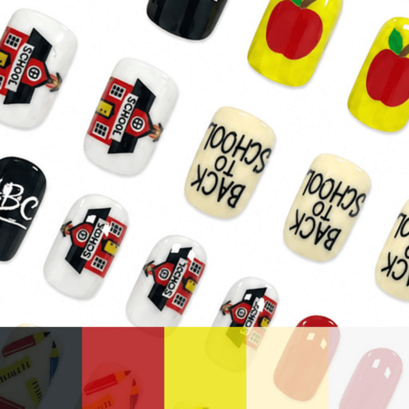 48pcs Short Square Press on Nails, Back To School Apple Pencil Cartoon Nail Art
