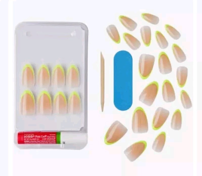 2 Kiss Salon Acrylic Nude/Light Green French Nails, Medium Coffin # 91372
