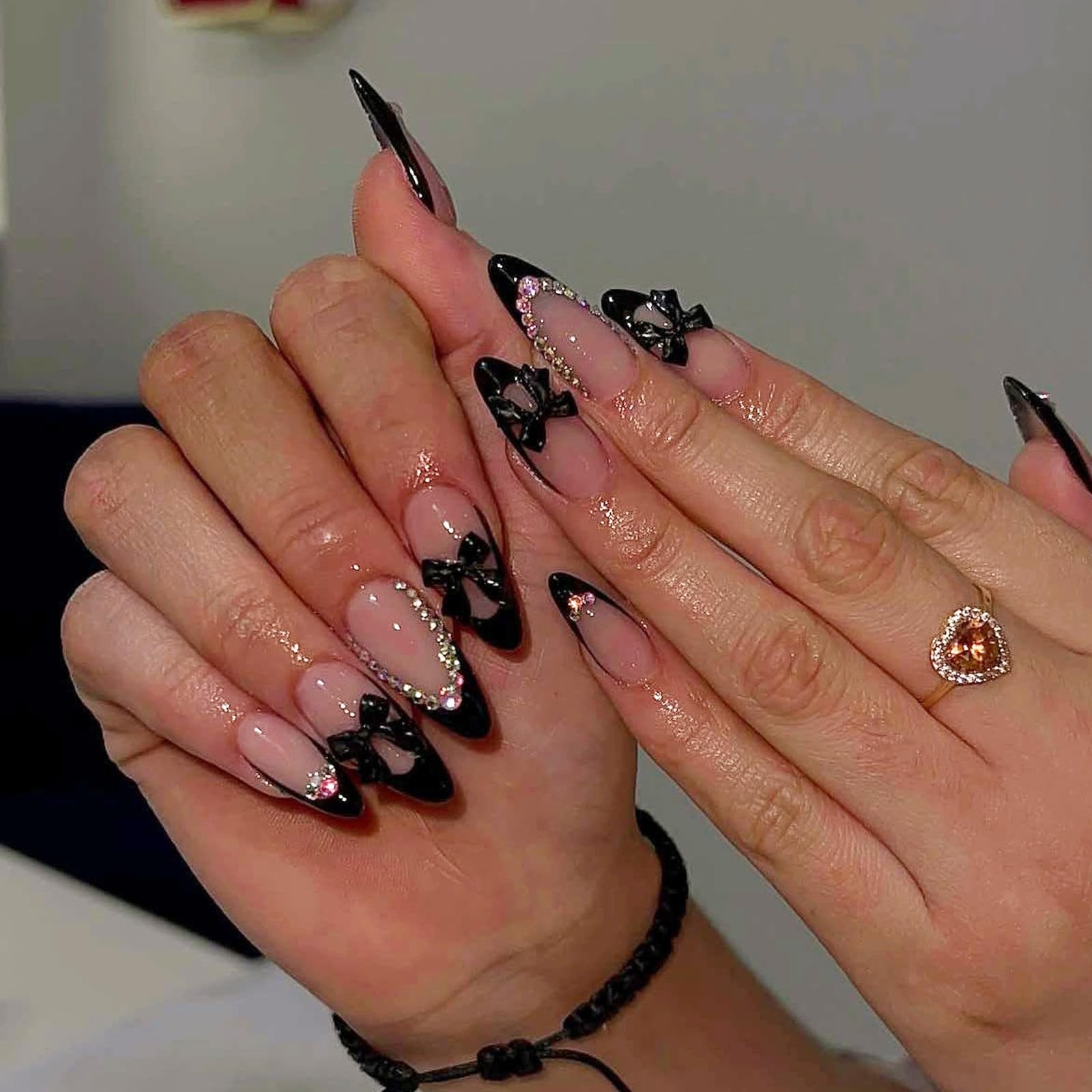 24pcs Press On Nails Medium French Tip Black Almond Shape Fake Nails 3D Bow A…