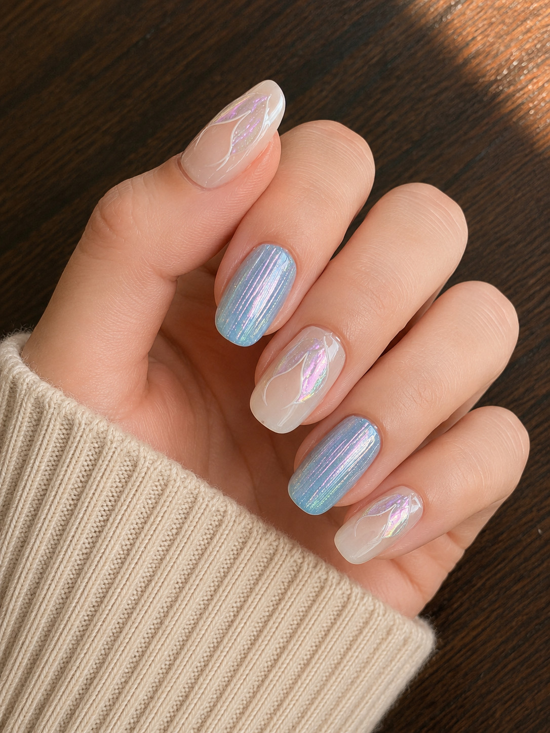 Mer-Pegasus Press-On Nails | Cats eye | French Med Coffin | 10-Piece Set