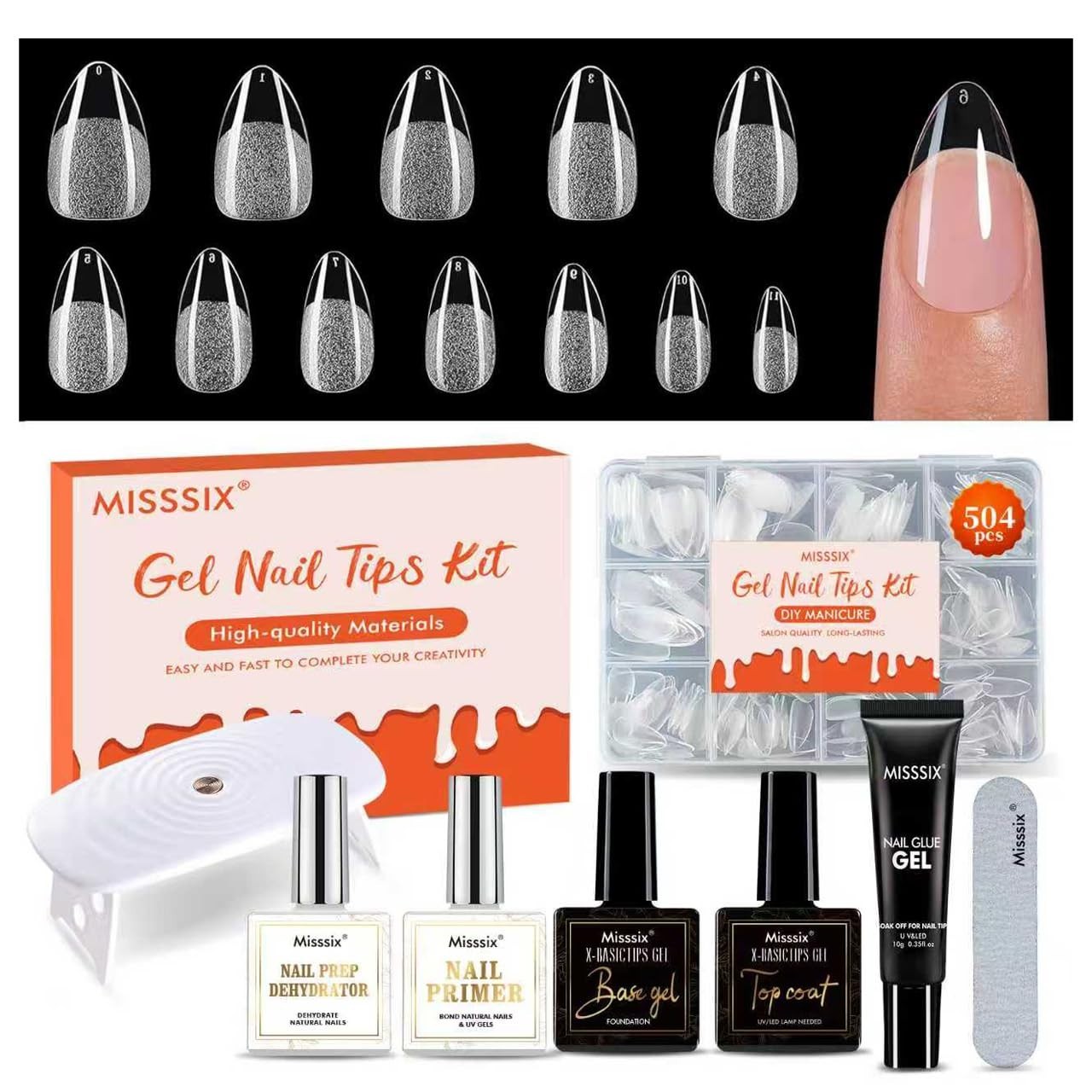 504Pcs Short Almond Clear Fake Nail Tips Kit with Gel Glue, Dehydrator & UV Lamp