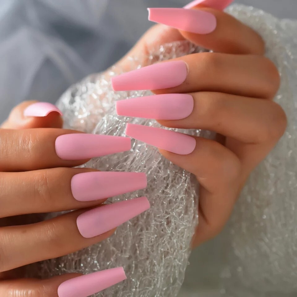 24 Extra Long Powder Pink Press on nails kit w glue Matte Light Pale Pastel Baby