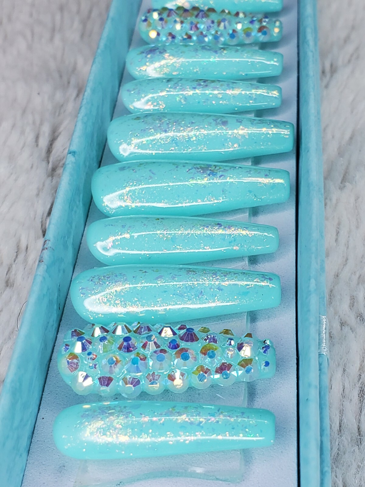 Teal green Mermaid crystal opal glitter bling press on nails luxury diamond