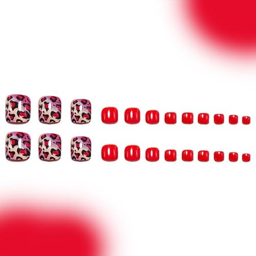 Press on Toes Nails Square Red Fake Toe Nails with Pink Purple Leopard Print