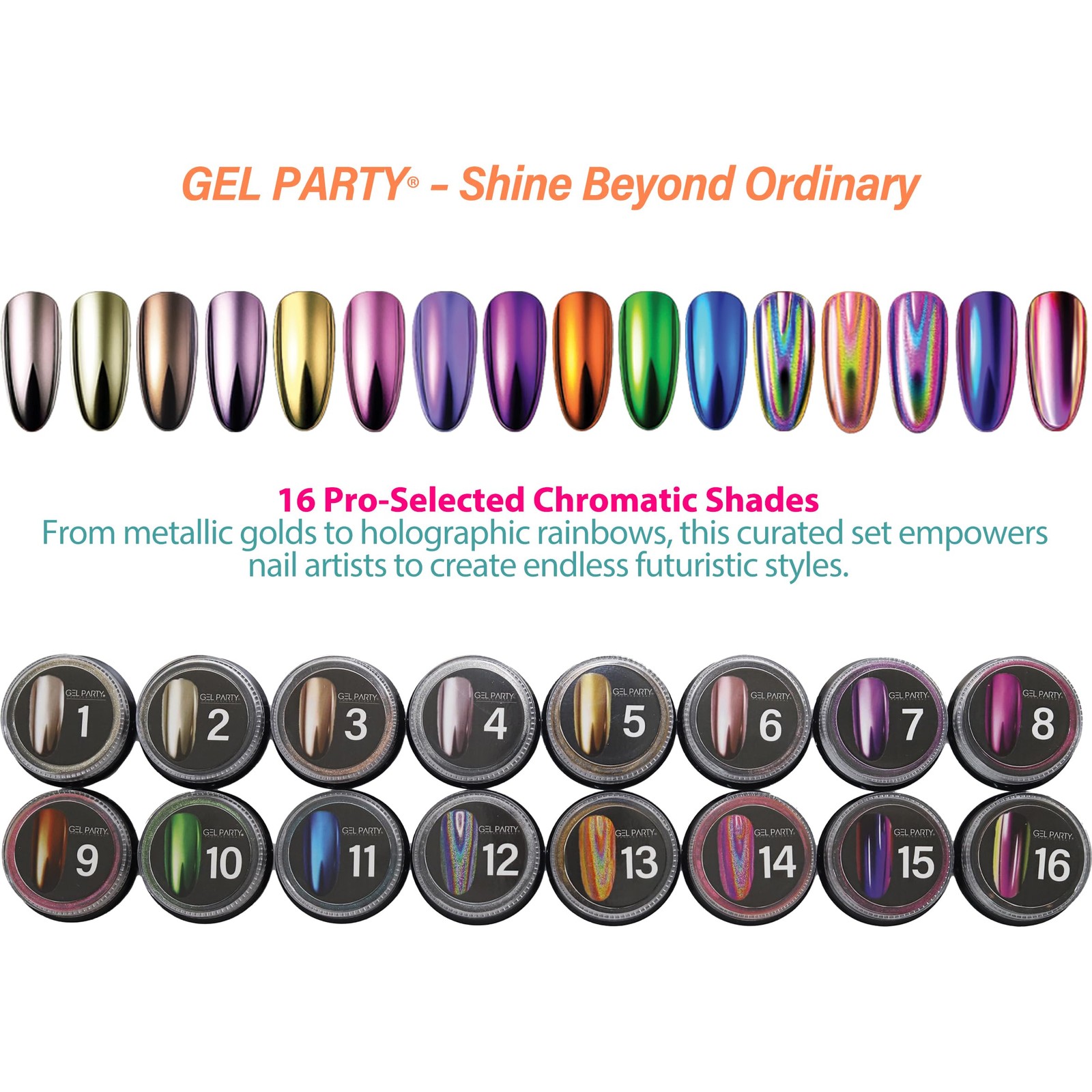 GELPARTY 16 Colors Chrome Nail Powder Set, Premium Mirror & Holographic Effec…