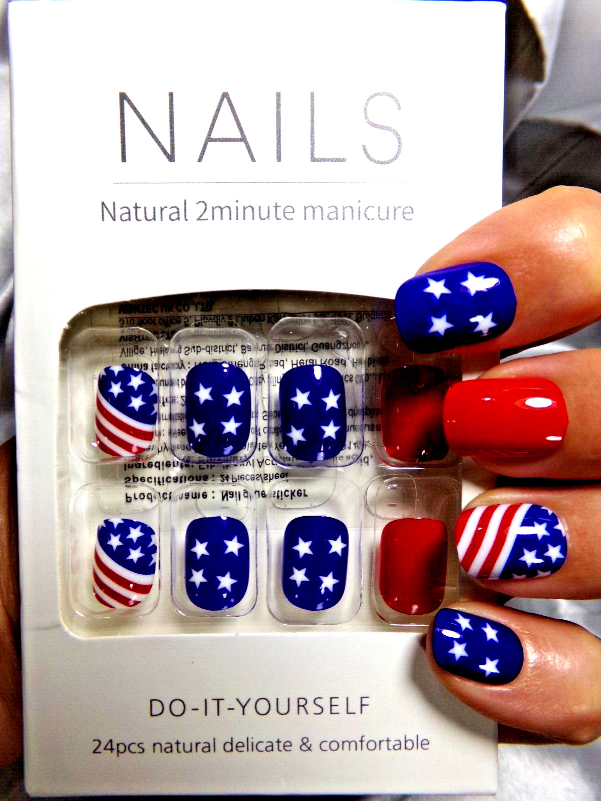 4th of July Nails Shiny American Flag Red White & Blue GLUE ON Short