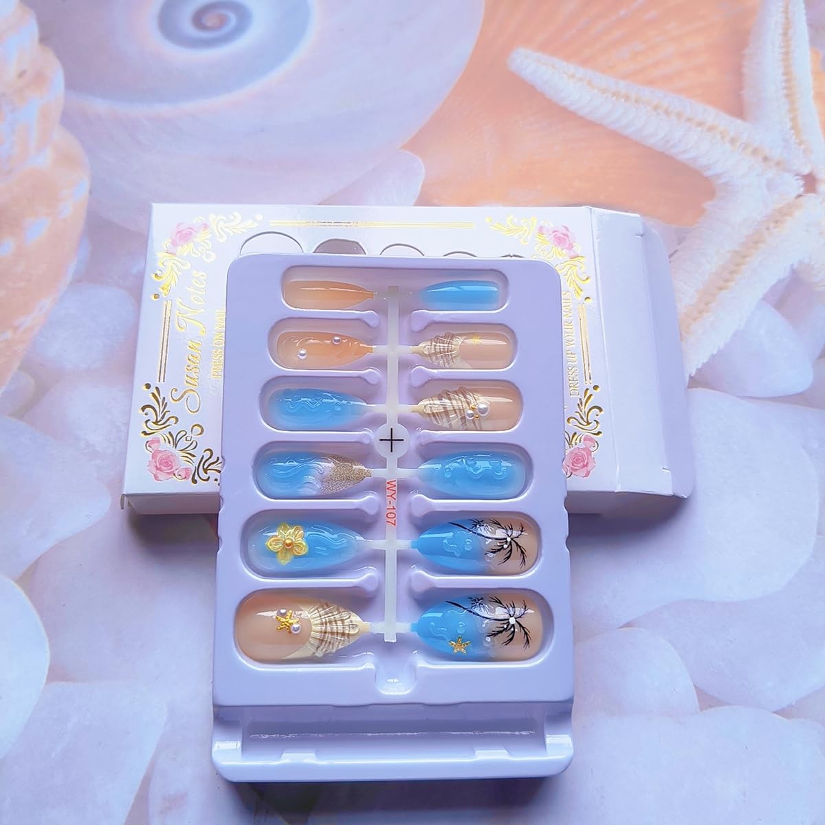 Seashell French Tip Press on Nails Medium Almond Fake Nails, Summer Beach Fal…