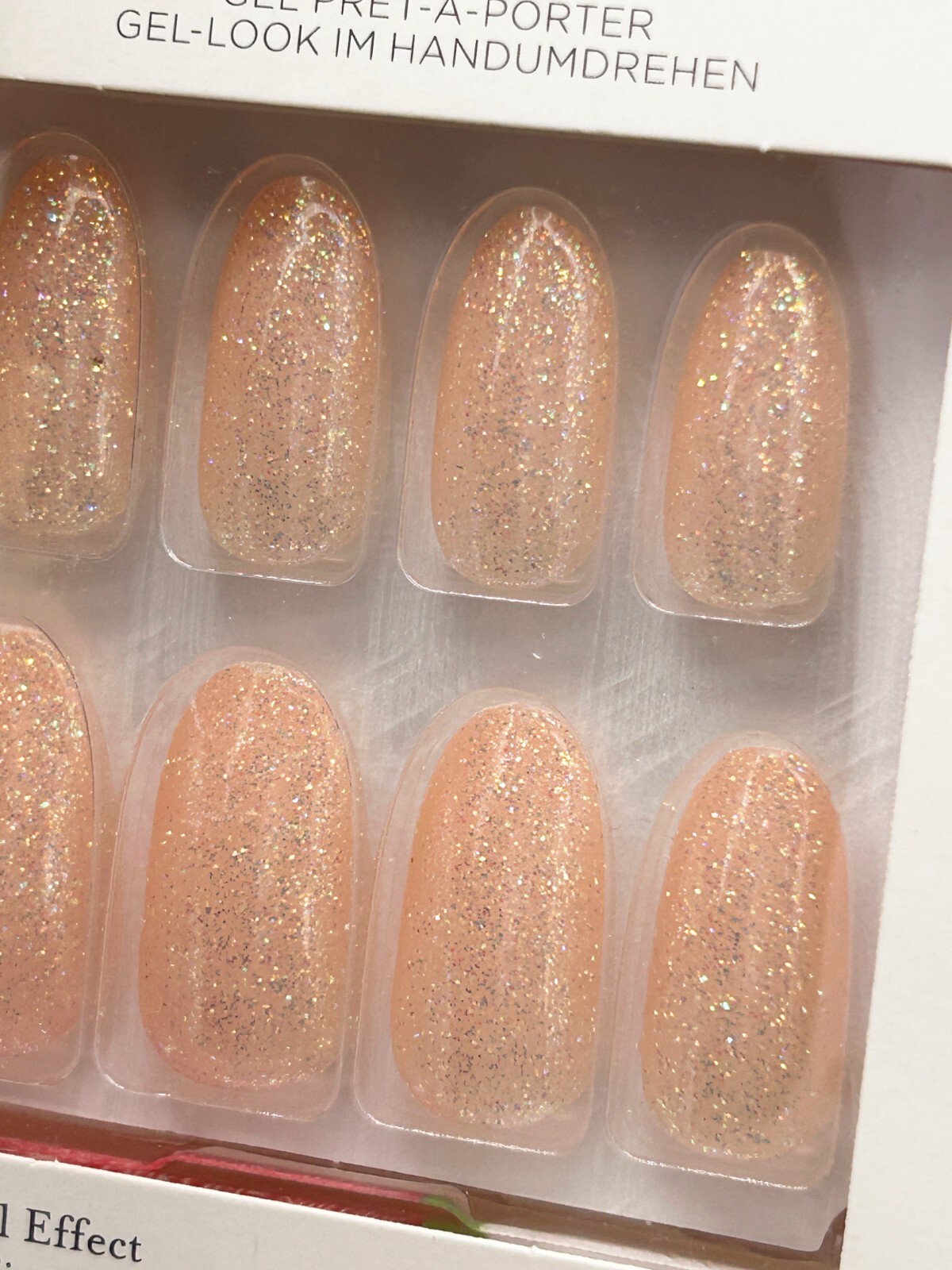 Kiss Glue-On Nails, Long-Length Peach Glitter Smooth Finish, Glue Included 63590