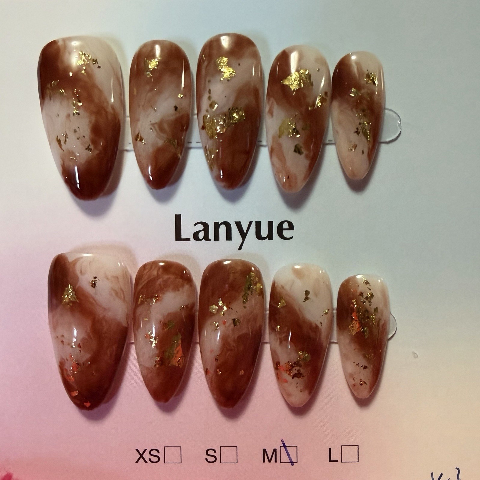 Lanyue Brown/Beige/Gold Marble Almond Press-On Nails, Medium, Shiny Acrylic