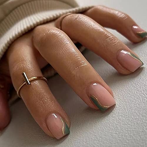 Short Press On Nails – Green French Tip with Gold Design, 24pc 220 Green