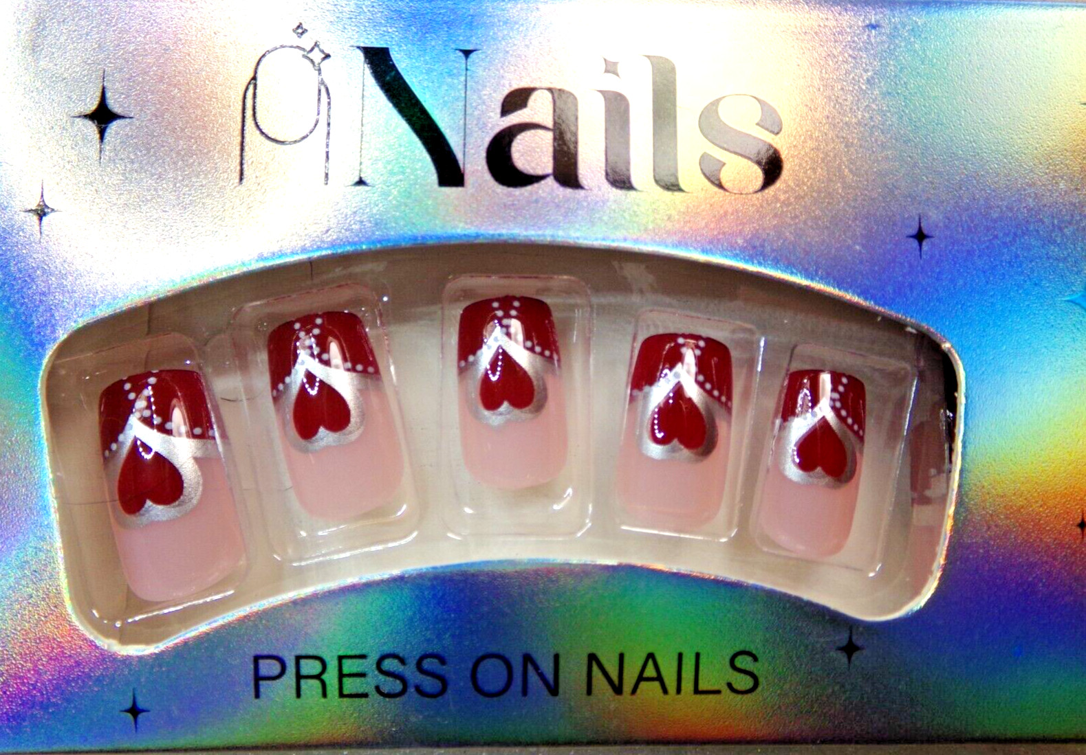 Valentine’s Day Nails Red & Silver with Heart Accents glue on Medium