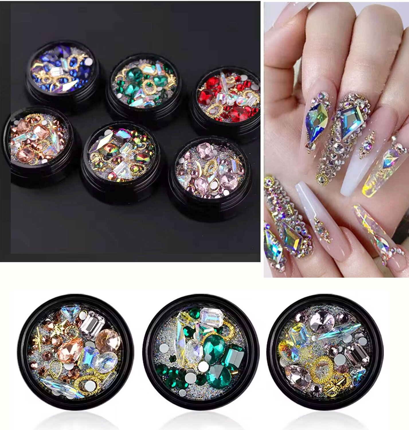 Rhinestones 3D Nail Art Decorations Jewelry Sparkle Beads + 72 PC Clear Gel Nail