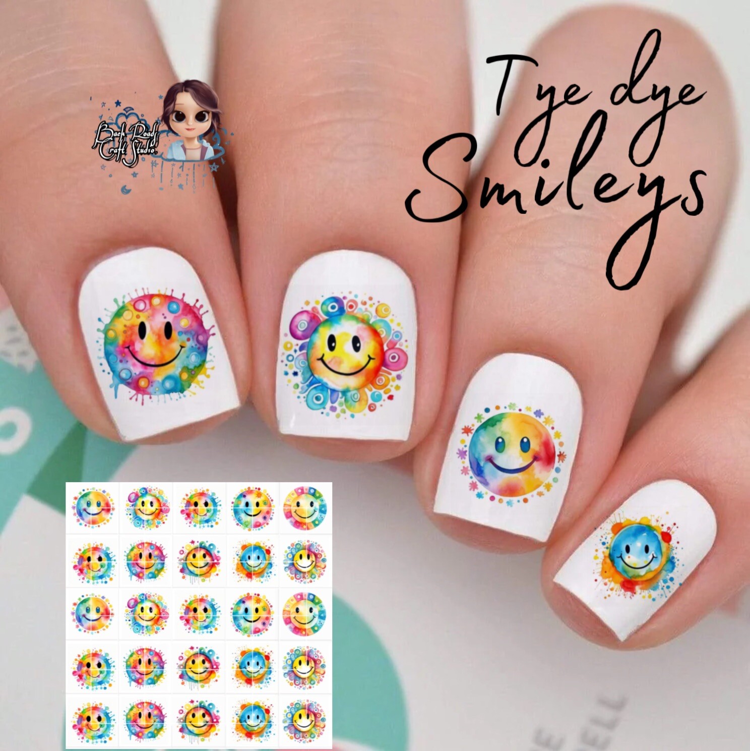 Tye Dye Smiley Face Waterslide Nail Decals Set Of 50 Bonus & Instructions